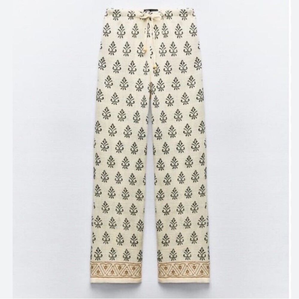 ZARA Embroidered Rustic Pants Cream Drawstring